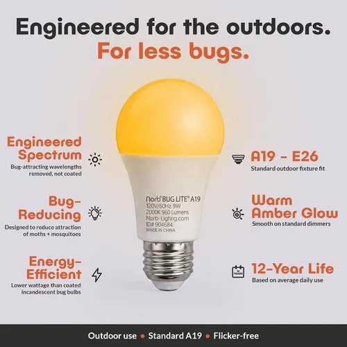 Vista 11 de Norb BUG LITE Bombillas para insectos Bombilla LED ámbar A19 E26 9 W 960 lúmenes 2000 K y eficiencia energética Espectro libre de azul