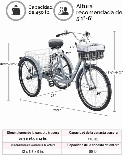 Vista 7 de VIRIBUS 7 Speed Adult Tricycle, Front & Rear Removable Wheeled Baskets, 400 lb Capacity