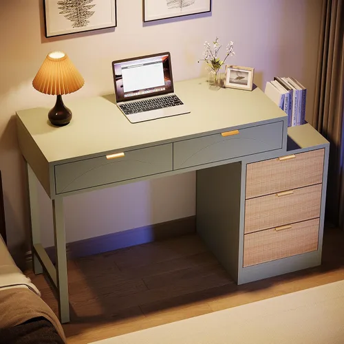 Vista 5 de Tribesigns Escritorio para computadora con 5 cajones, escritorio pequeño reversible con almacenamiento, mesa de estudio de madera moderna, estación