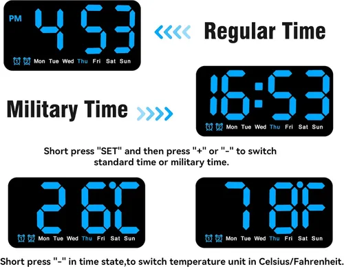 Vista 6 de Reloj de pared digital grande de 9.5 pulgadas con pantalla LED, DST automático, alarma dual con repetición, brillo ajustable, visualización