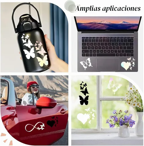 Vista 7 de GORGECRAFT Calcomanías de vinilo de 8 hojas para automóvil, calcomanías reflectantes con láser negro con mariposas infinitas, corazones y alas