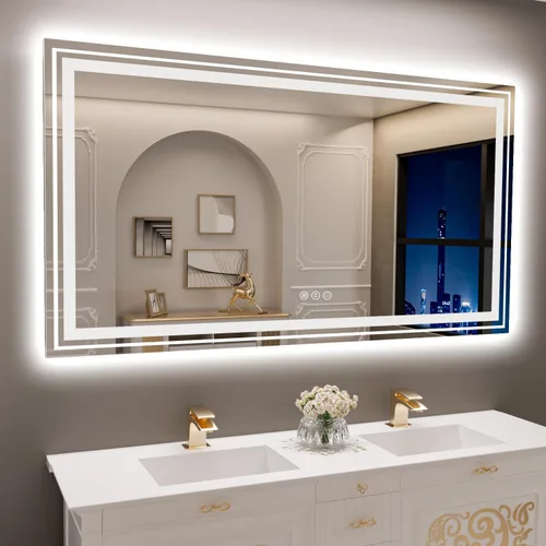 Vista 23 de Snowdool - Espejo de baño LED, de 24 x 36 pulgadas, con luz delantera y trasera, antiempañamiento, espejo de tocador de baño para pared, con función