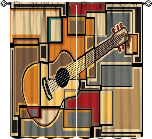 Vista 21 de Cortinas abstractas con notas musicales de piano, temática musical de piano, decoración de dormitorio de niños y niñas, arte rústico retro