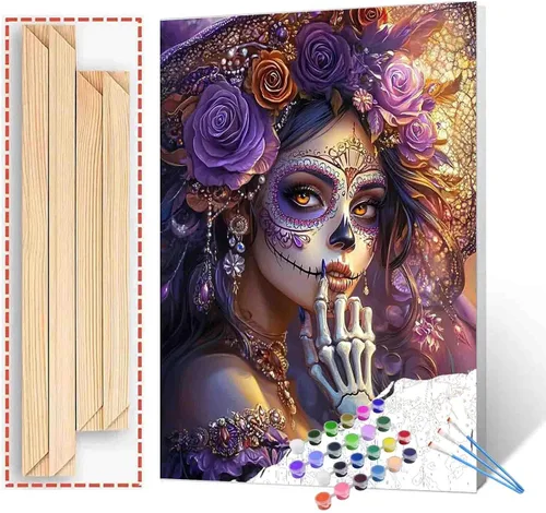 Vista 30 de Tucocoo Decoración del Día de los Muertos, pintura por números, esqueleto para parejas, pintura por números sobre lienzo con pinceles y pigmento