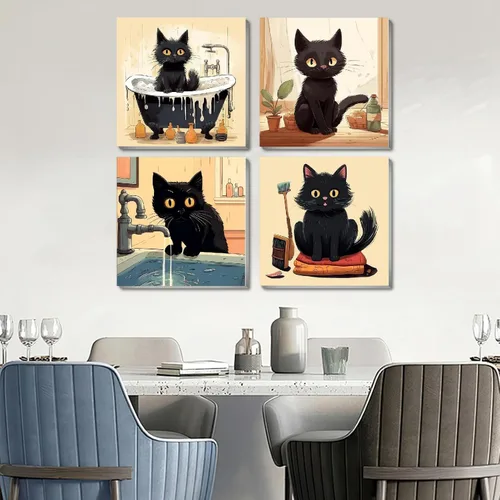 Vista 3 de Divertido kit de pintura por números de gato negro para adultos principiantes, paquete de 4 kits de pintura al óleo acrílica de gato negro