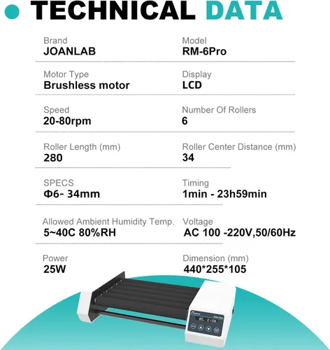 Vista 2 de Mezclador de Rodillos de Tubos Analógico Digital, Mezclador de Tubos con Velocidad Ajustable 20-80RPM, 6 Rodillos con Temporizador (1min-23h59min)