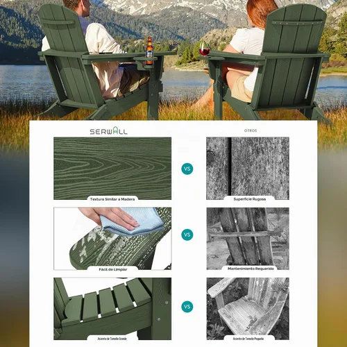 Vista 3 de SERWALL Juego de 4 sillas Adirondack para exteriores con portavasos, aguacate Palta