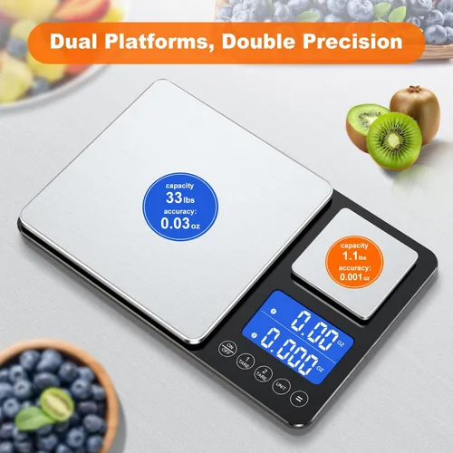 Vista 16 de KUAIVO Báscula de cocina de doble plataforma de 0.001 oz/33 libras, peso digital, gramos y onzas, báscula de cocina de dos precisiones para pan