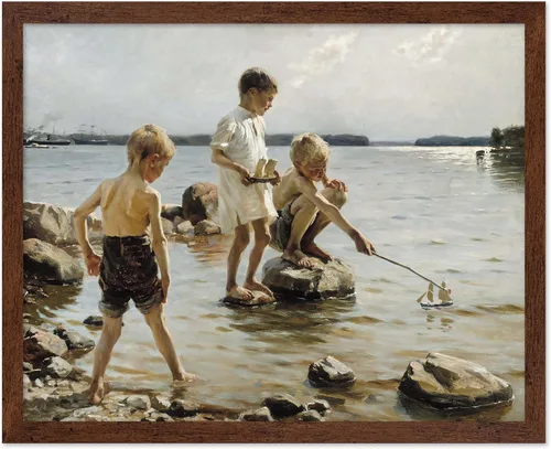 Vista 22 de Monem Art - Póster de pintura vintage para niños jugando en la orilla, impresión retro para niños, arte de playa, arte de velero, arte costero