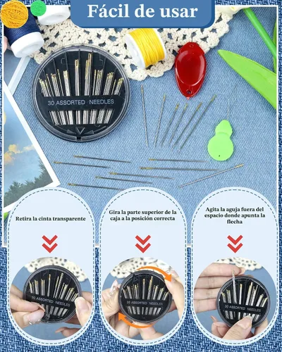 Vista 4 de FIVEIZERO Juego de 30 Agujas de Acero para Costura a Mano, Kit de 6 Tamaños de Agujas de Ojo Grande para Bordado y Costura a Mano con Enhebradores