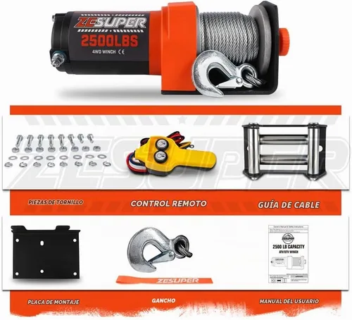 Vista 7 de ZESUPER - Kit de cabestrante eléctrico con control remoto de mano, 2500 libras, 12 V CC, cable de acero, impermeable; para cuatriciclos, vehículos