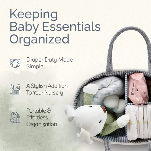 Vista 2 de KiddyCare Organizador de Pañales Tejido con Cesta de Asa y Tapa, Organizador de Pañales con Divisores para Guardería de Bebé Niño/Niña, Regalo