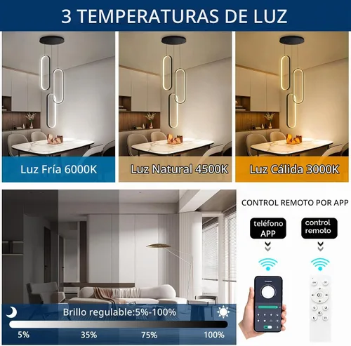 Vista 3 de Lámpara de Araña de Anillo Moderna LED Regulable Luz de Techo para Isla de Cocina Sala de Estar Escaleras Comedor Negro