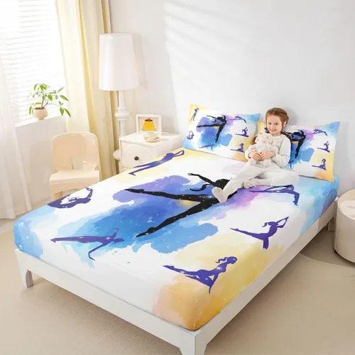 Vista 15 de Sábana bajera ajustable de ballet para niñas, juego de ropa de cama de ballet para danza de ballet, sábanas de cama con rayas geométricas onduladas