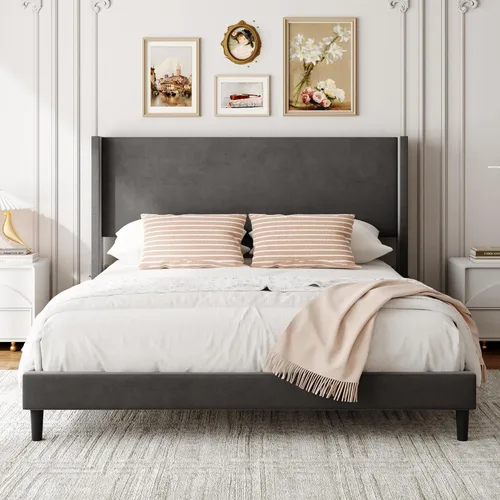 Vista 11 de Sismplly Base de cama matrimonial con cabecera con respaldo de ala, cama de plataforma tapizada de terciopelo, listones de madera fuertes, Beige