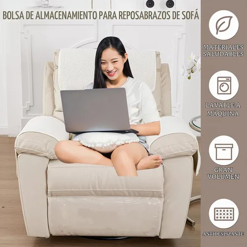 Vista 2 de Funda para Reposabrazos, Protector para Silla Reclinable, Protector para Muebles, Bolsillo de Almacenamiento Lateral, Funda Elástica para Beige
