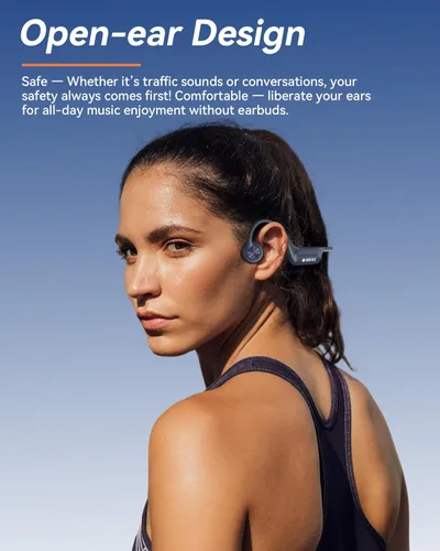 Vista 3 de Voistek Auriculares de conducción ósea inalámbricos Bluetooth, auriculares de conducción ósea ajustables con reproductor de MP3 de 32 GB e Azul