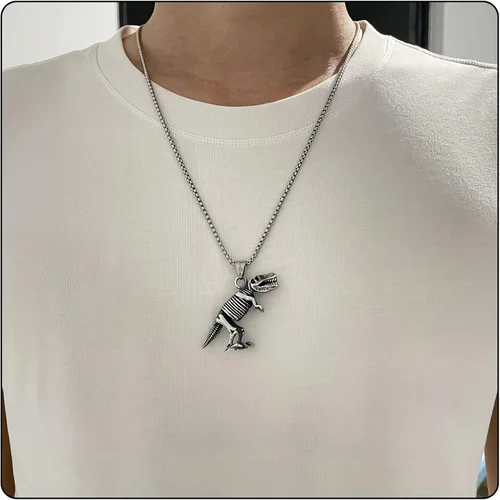 Vista 6 de Collar con colgante de esqueleto de dinosaurio de acero de titanio punk, cadena de caja de 24 pulgadas