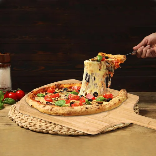 Vista 3 de Pala de pizza de 14 pulgadas, 16 pulgadas de largo x 14 pulgadas de ancho, con mango de madera de 8 pulgadas de largo, 24 pulgadas de largo total