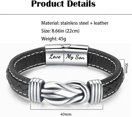 Vista 5 de Pulsera de cuero trenzado con texto en inglés To My SonTo My Grandson, pulsera inspiradora de acero inoxidable para hombre, regalos para hijo