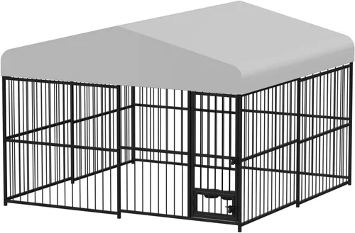 Vista 3 de Perrera para perros exteriores de 10 x 10 x 6 pies con techo, perreras resistentes al aire libre para perros grandes, con techo impermeable