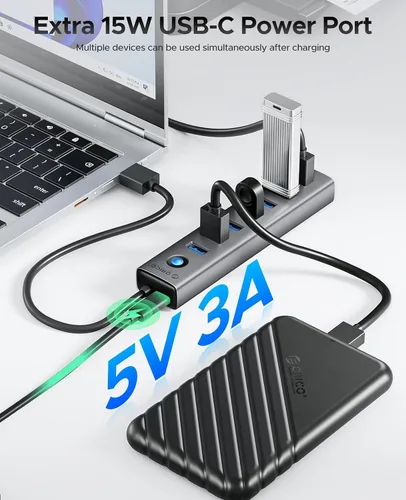 Vista 4 de ORICO Hub USB 3.0 de 7 puertos, adaptador múltiple USB de aluminio, extensor USB de 5 Gbps con cable de 1.64 pies, cable largo UBS-A Hub