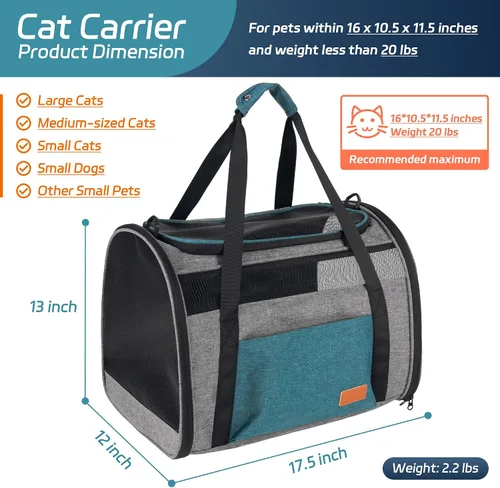 Vista 2 de Transportador grande para gatos de 20 libras, transportador de viaje de malla transpirable de lados suaves, aprobado por aerolíneas, transportador