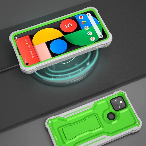 Vista 6 de FITO Funda para Google Pixel 5A, funda resistente a prueba de golpes de doble capa con protector de pantalla, soporte integrado (verde)