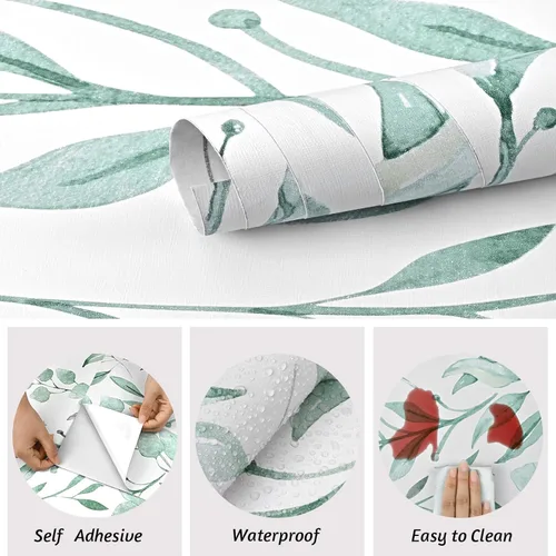 Vista 4 de WENMER Papel tapiz autoadhesivo de hojas verdes para despegar y pegar, papel de contacto floral extraíble de hojas de acuarela de 17.7 x 118