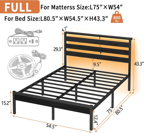 Vista 2 de CLIBFENG Marco de Cama de Plataforma de Metal Clásico de 14 Pulgadas - Marco de Cama Tamaño Full con Cabecero, Soporte de Listones de Acero - Marco