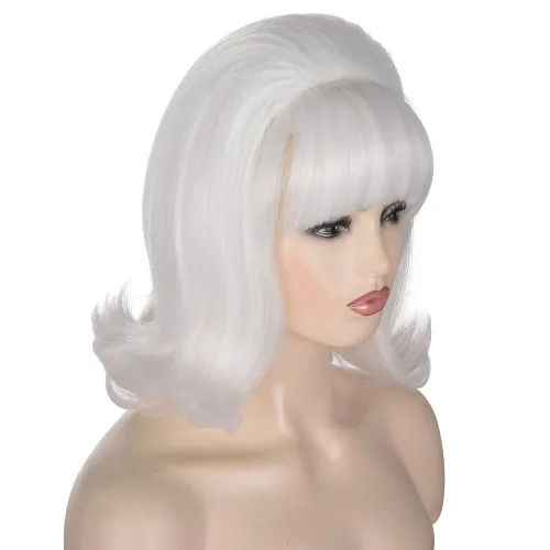 Vista 4 de QACCF Pelucas Pinup de los años 70, estilo colmena estilo vintage, disfraz de Halloween para mujer, peluca con explosión (blanco)