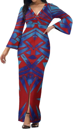 Vista 6 de Polinesio vestido personalizado con cuello en V verano fresco manga larga elegante temperamento y piso vestido de diseño de arte retro