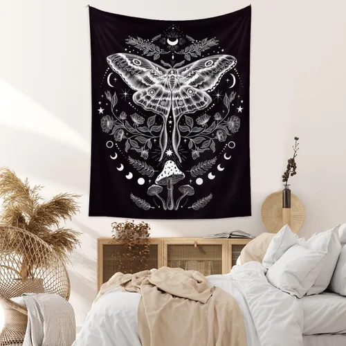 Vista 4 de Naykow Tapiz gótico de polilla de mariposa, hippie y emo, grunge, gótico, champiñón, bruja para dormitorio, estético, vertical, vertical, vintage