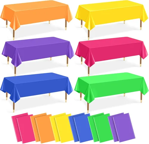 Vista 23 de Mwellewm 6 manteles de plástico desechables, mantel de arcoíris de colores surtidos, rectangular de neón colorido a granel sólido para cumpleaños