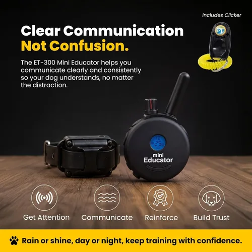Vista 7 de Educator ET-300 Mini Collar E negro para adiestramiento de perros con control remoto, rango de 1/2 milla, impermeable, 100 niveles de estimulación