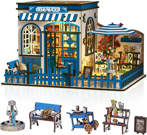 Vista 13 de Kit de casa en miniatura, kit de construcción de restaurante de oso de madera 3D con muebles y LED, juego de modelo de casa de muñecas de diorama