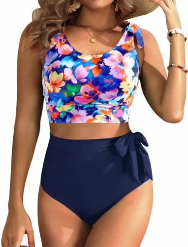 Vista 19 de Trajes de baño de dos piezas de cintura alta - Bikini con control de abdomen para mujer, traje de baño modesto 2 piezas 2025 Hot Red