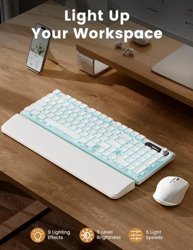 Vista 7 de Combo de teclado y mouse inalámbricos, 9 efectos retroiluminados, reposamuñecas, teclas de doble disparo, panel de metal, recargable de larga Blanco