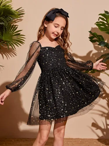 Vista 3 de WDIRARA Vestido de manga larga abombada con volantes y lunares para niña