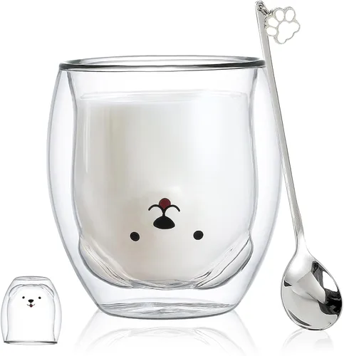 Vista 14 de Binoster Tazas Lindas de Oso Kawaii de Vidrio de Doble Pared para Café y Té, Taza de Yogur Divertida, Regalo Novedoso para Mujeres, Sus Amigas