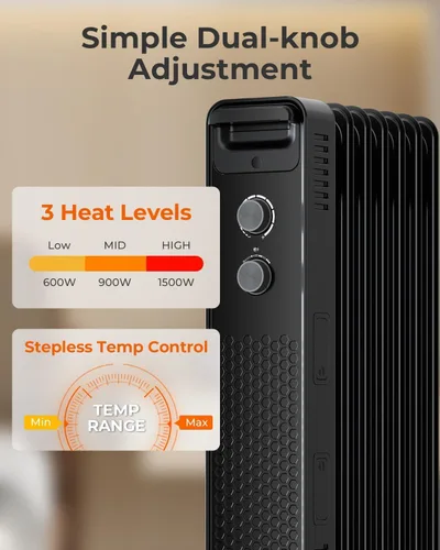 Vista 3 de ZAFRO 1500 W Calentador Eléctrico de Radiador Lleno de Aceite con Termostato Ajustable, Protección Contra Sobrecalentamiento y Vuelco, Bajo Nivel