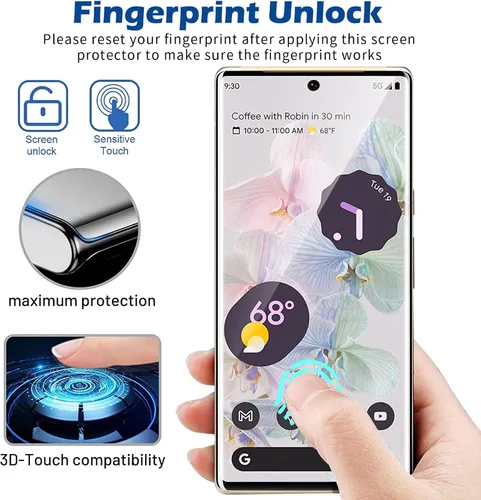 Vista 4 de [Paquete de 3+1] Protector de pantalla para Google Pixel 6 Pro, vidrio templado 9H, compatible con huellas dactilares ultrasónicas, curvado 3D