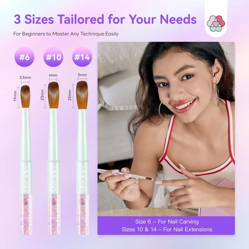 Vista 6 de SAVILAND Pack of 3 Acrylic Brushes for Nails: Nail Art Brush for Beginners with Cleaning Comb Aurora Shimmer Nail Brush for Acrylic Powder Acrylic