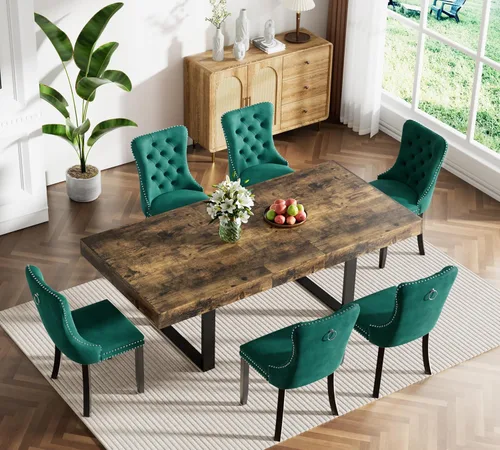 Vista 17 de Juego de mesa de comedor extensible marrón de 63 a 78.74 pulgadas para 4, juego de mesa de comedor de 5 piezas con 4 sillas tapizadas, mesa