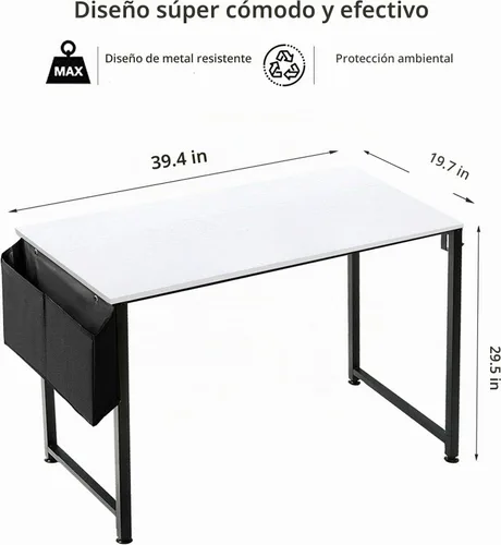 Vista 3 de Lufeiya Escritorio de computadora blanco para espacios pequeños, oficina en casa, 39 pulgadas, moderno escritorio de estudio para PC con gancho