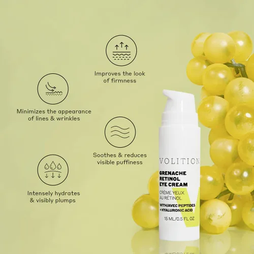 Vista 3 de Volition Beauty Garnacha Retinol Crema de ojos con péptidos + ácido hialurónico Fórmula suave y eficaz para patas de gallo y zona más firme debajo