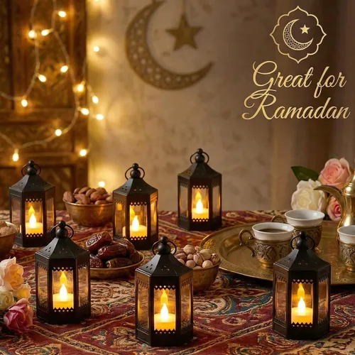 Vista 6 de Vela Lanterns - Portavelas de té, mini centros de mesa, color negro Halloween & Wedding Decor, Decorative Indoor Moroccan Metal Glass Hanging