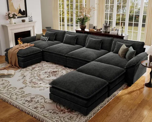 Vista 51 de Sofá modular de gran tamaño de 154 pulgadas, cómodo sofá en forma de U con 3 otomanas móviles, sofá moderno de felpilla de 7 plazas para sala