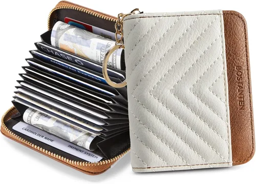 Vista 7 de BOSTANTEN Cartera de piel con bloqueo RFID para tarjetas de crédito, cartera pequeña para mujer, con cremallera, llavero y cartera con correa