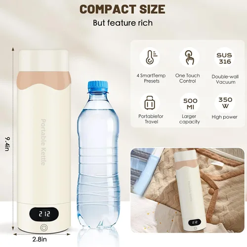 Vista 6 de Hervidor Eléctrico de Viaje Tetera Mini Portátil, Acero Inoxidable 316 16.91Oz/500mL, Calentador de Agua Caliente Pequeño Inteligente con 4